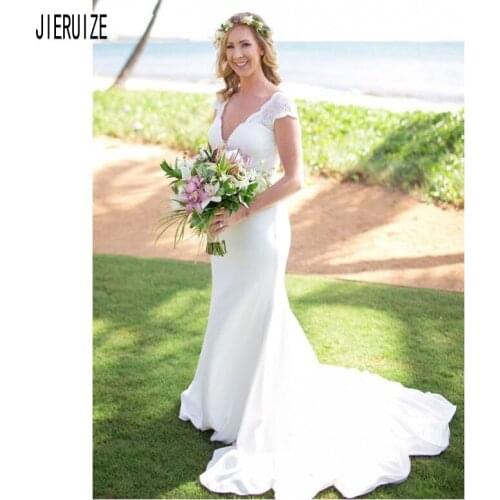 JIERUIZE Sexy Summer Mermaid Wedding Dresses Deep V Neck Short Sleeves Open Back Simple Wedding Bridal Gowns Robe De Mariee