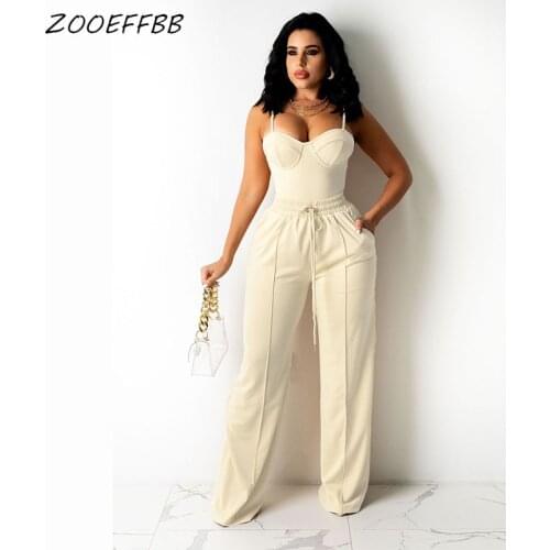 ZOOEFFBBB Two Piece Set Adgustable Shoulder Corset Tank Top Trousers Lace Up Wide Leg Outfits for Women Streetwear Matching Sets