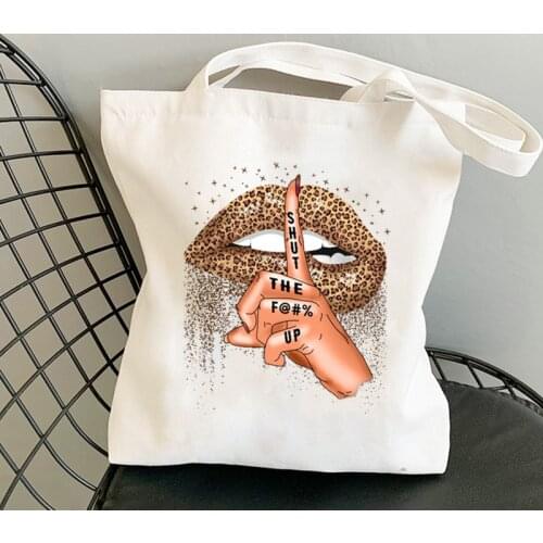 34*38 Summer Fashion Shopping Bag Kiss Lips Leopard Graphic Shopping Bag Women White Canvas Bag