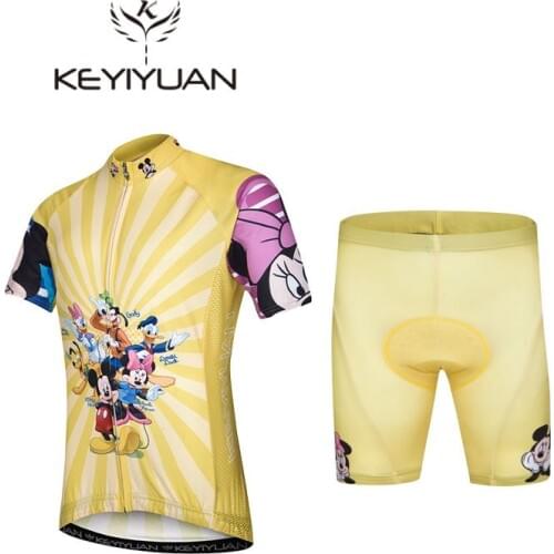 Hot 2017 KEYIYUAN Mickey Family Summer Children Cycling Jersey Padded Bike Clothing Road Bicycle Sportswear Bike Jersey Yellow