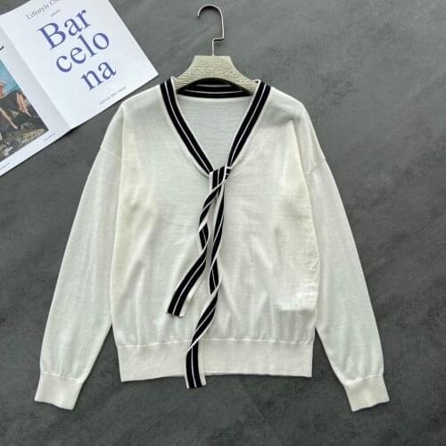 Fashion 2021 New Ladies Long Sleeve Sexy Casual V-neck Black and White Striped Lace Knit Top 1224