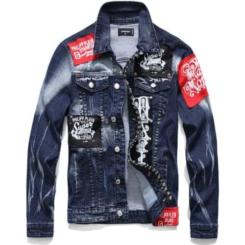 Hip-hop Style New Mens Slim Denim Jacket Personalized Fashion Beggar Broken Hole Printing Metal Patch Washed Jacket Coat XL