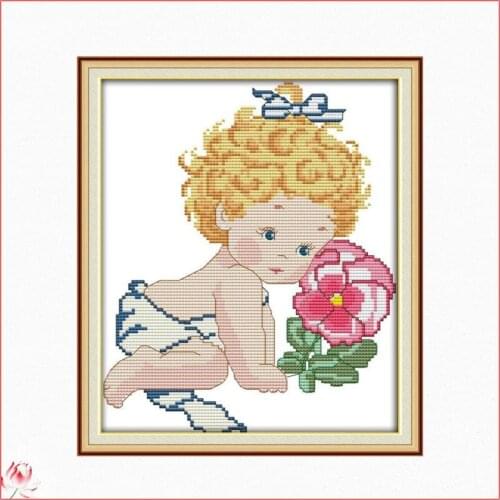Cute Baby And Flowers Printed Cross Stitch Kits Canvas Embroidery Needlework Sets 11CT 14CT DIY Handmade Home Decoration Craft