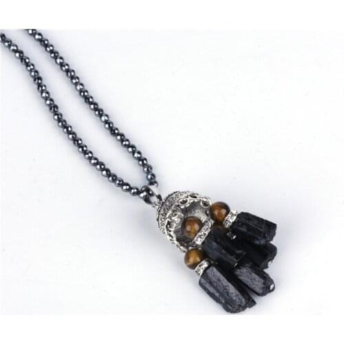 Natural Healing Rough Tourmaline Stone Black Hematite Bead Chain Rhinestone Spacer Tibetan Cap Charm Necklace For Women 2020