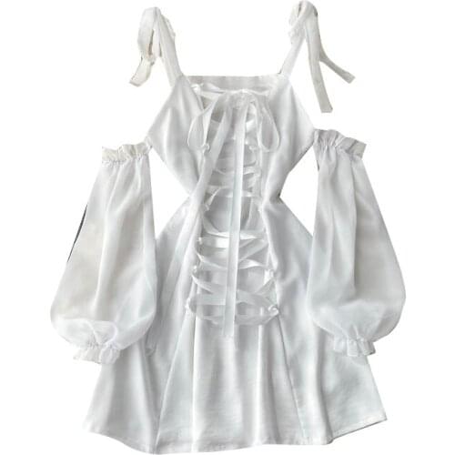 WIGADFHK 2021 Autumn New Chic Sling Long-sleeved Strap Sexy Off-the-shoulder Dress Feminine Pleated White Retro Dress