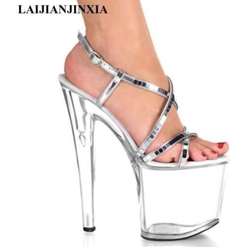 LAIJIANJINXIA 20cm Plastic sandals, choi core ribs bottom sandals, pole dancing performance shoes silver buckle Dance Shoes