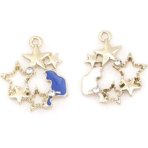 DoreenBeads Fashion Zinc Based Alloy Pendant Irregular Light Golden Cat & Star Clear Rhinestone White Enamel 21 x 18mm, 10 PCs
