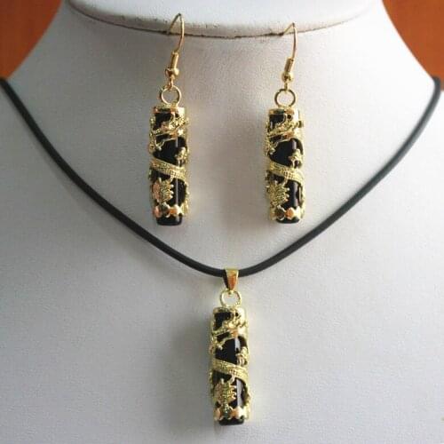 Prett Lovely Womens Wedding wholesale/retail unique Chinese black cylinder gem +18kgp pendant & earring set -jewelry