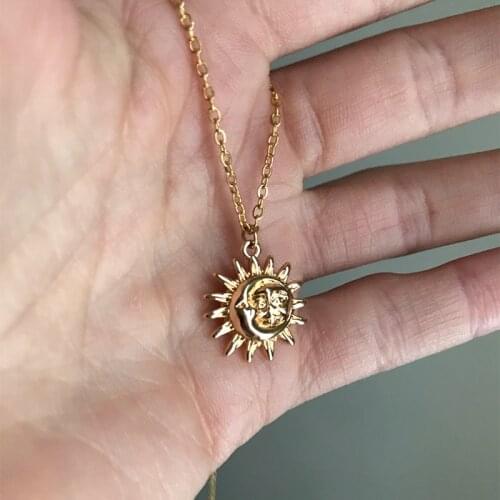 Vintage Moon and Sun Face Pendant Necklace For Women Stainless Steel Chain Couple Boho Jewelry Minimalist Necklace Collier Femme