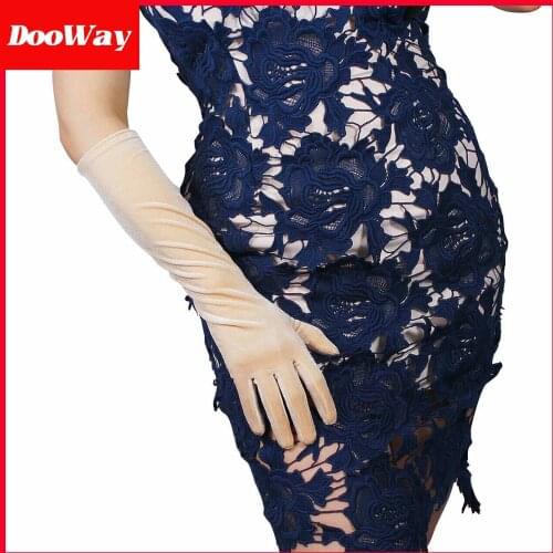 DooWay Elegant Velvet Gloves 16 inch Elbow Length Touchscreen Stretchy Evening Party Women Finger Gloves Adult Size Golden Nude