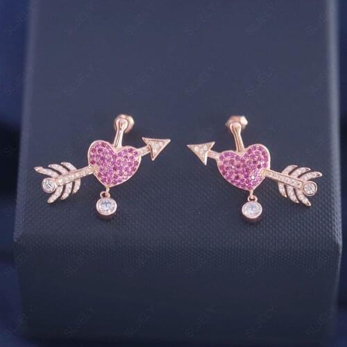 SLJELY Fashion Real 925 Sterling Silver Pink Gold Color Arrow and Heart Stud Earrings Women Girls Fine Brand Romantic Jewelry