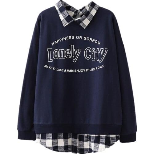 Women Sweatshirts Letter Print Plaid Patchwork Pullover Turndown Collar Long Sleeve Tracksuits Female Fake 2 Pieces Clothes