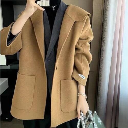 2021 New High Quality Double Sided Cashmere Wool Coat Women Autumn Winter Loose Mid-length Wool Coat Hand-stitched Outwear