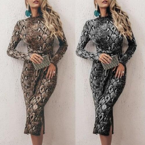 2021 Spring Summer Womens Dress Mid-length Skirt Classic Fashion Snake Print Long-sleeved Hip Sexy Slim Dress Women Clothing