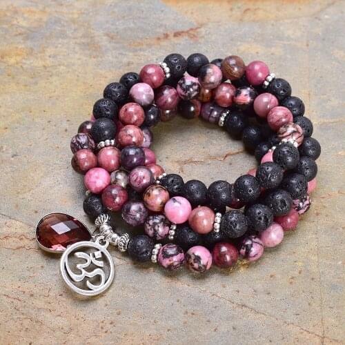 108 Japamala Yoga Chakra Jewelry Natural Lava Stone, Lace Rhodonite and Om Charm Necklace Women Stretch Wrap Bracelet Dropship