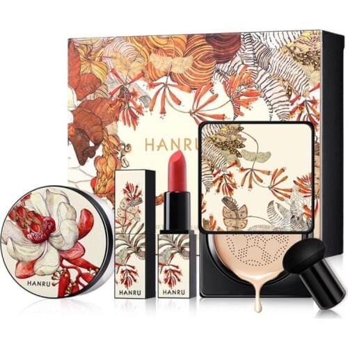 4pcs Makeup Set Loose Powder Air Cushion Foundation Cream Matte Lipstick Mushroom Head Powder Puff Cosmetic Kit