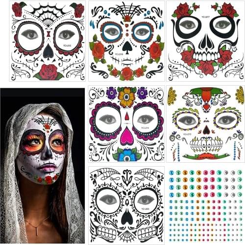 METABLE 6Pcs Halloween Face Tattoos,Day 0f The Dead Stickers Sugar Skull Red Rose Design With Rhinestone Horror Theme Parties