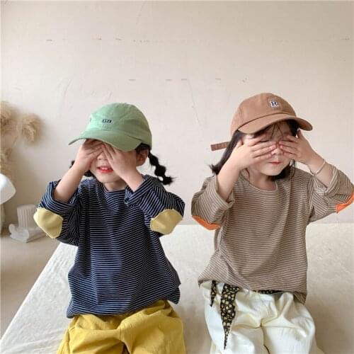 8998 Children T Shirt Bottoming Shirt Autumn Winter New 2021 Patch Long Sleeve Boys T-shirt Hot Stripe Boys T Shirt Tops