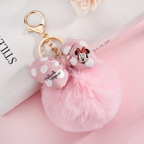 New Disney Mickey Mouse Figure Keychains Cute Cartoon Key Ring Lovely Bag Accessories Polka Dot Bow Fluffy Ball Keychain Pendant