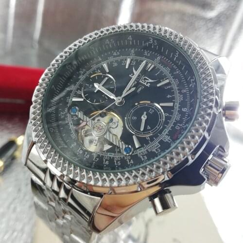 Jaragar 2020 Military Sport Automatic Self-Wind Watches Mens Silver Black Steel Band Calendar Mechanical Watch Clock Relogios