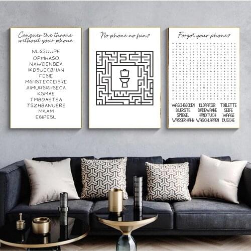 Black White Letter Puzzles Wall Art Canvas Poster And Print Forget Your Phone Bathroom Quote Canvas Painting Picture For Bedroom