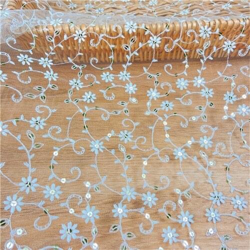 Ivory White With Sequins Mesh Lace Fabric Embroidered Flower DIY Wedding Dress Veil Sewing Accessories V2841