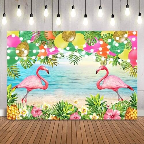 Red Flamingle Birthday Backdrop for Photography Blue Sky and Sea Sandy Beach Photo Background Props Rainforest Green Leaves Prop