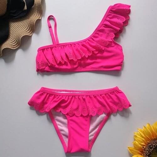 7-14 Years Girl Swimsuit Kids Hollow Out Teenage Girl Bikini Set Ruffle 2 Piece Childrens Swimwear Girl Bathing Suit Beachwear