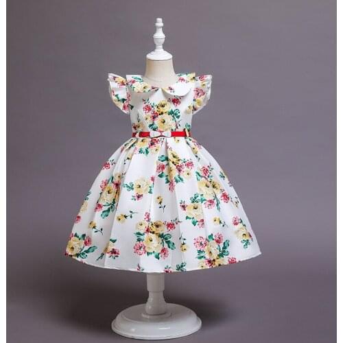 Summer Floral Girls Dress Birthday Party Princess Childrens Dresses Bow Belt Kids Ball Gown Casual Clothes Size 3-10T