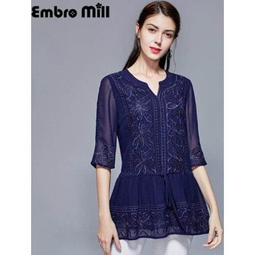 Summer New Embroidered Waist Slim Top Vintage Style Three Quarter Sleeve High-End Shirt Plus Size M-4XL
