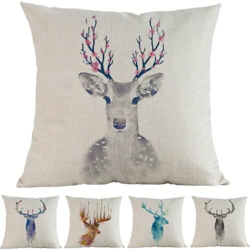 Watercolor Nordic Fresh Decor Style Deers Head and Antler Linen Throw Pillow Case Home Room Decoration Sofa Cushion Cover