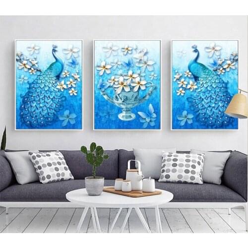 Needlework diamond Embroidery 3D DIY Cross-stitching Triptych Cross Stitch Sets Magnolia Kit blue peacock Series Home Decoration
