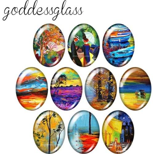 TB0214 Oil paintings scenery Trees 10pcs mixed 13x18mm/18x25mm/30x40mm Oval photo glass cabochon demo flat back Making findings