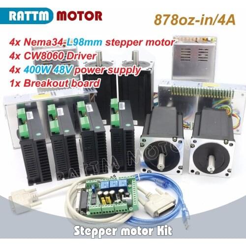 CNC Controller Kit 4 Axis Nema 34 stepper motor 98mm 878oz-in / 4.0A & Driver 6A/80VDC 256 Microstep & 400W 48V power supply