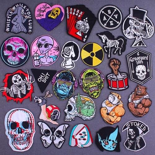 Hippie Patches On Clothes Skull Iron On Patches For Clothing Punk Biker Embroidered Patches For Clothes Applique Badge Stripes