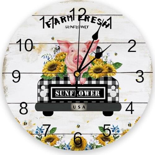 Farm Fresh Sunflower Pig Wood Plank Texture Wall Clock Modern Design Hanging Watch for Home Decoration Home Living Room Wall Art