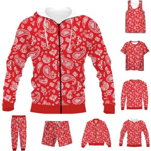 New Funny 3D Full Print Bandana Red Paisley T-shirt/Sweatshirt/Zip Hoodies/Thin Jacket/Pants Four Seasons Casual Suit V51