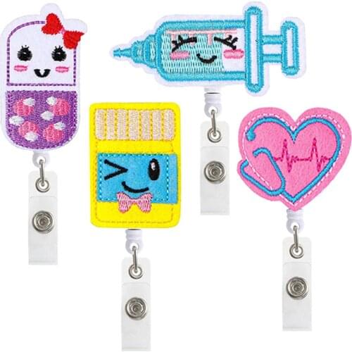 New 4 Color Fashion Cute Cartoon Felt Embroidery Retractable Nurse Badge Reel Clip Badge Holder Students Doctor Id Card Holder