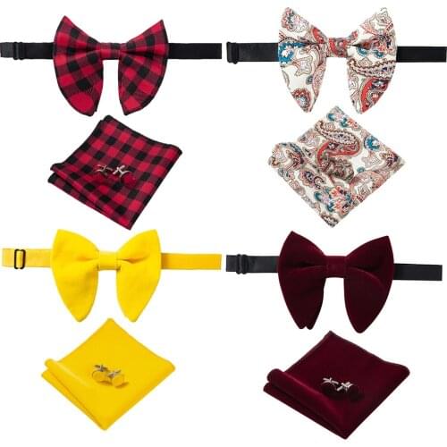 Ricnais New Arrival Velvet Big Bowties For Man Solid Handkerchief Cufflinks Bow Tie Set Red Yellow Mens Neck Ties For Wedding