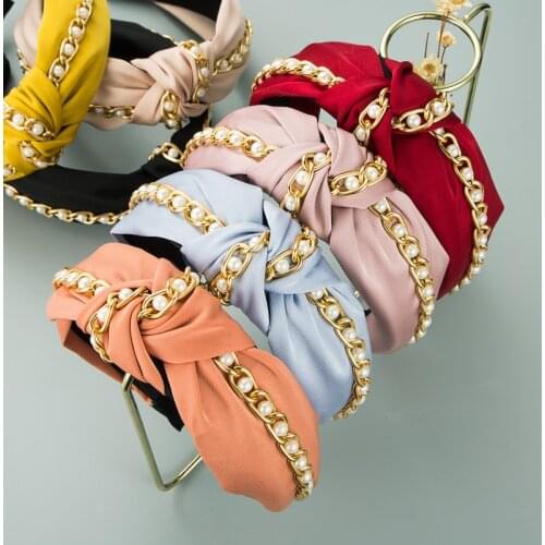 2021 New European American Metal Chain Headband Fabric Knotted Korean Pearl Hairband Women Girls Wash Hair Accessories