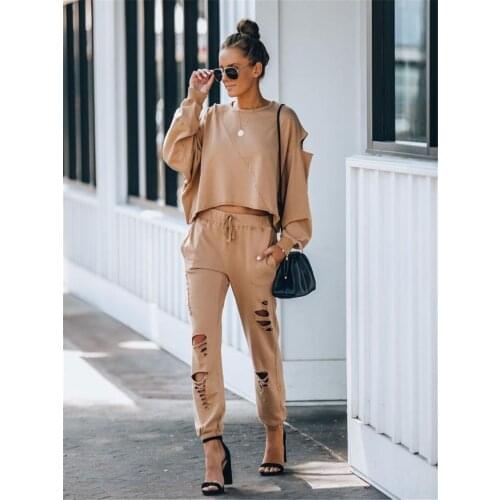 Autumn Loose Long Sleeve Womens Sets Casual Sports Hole Suit woman Spring Fashion Suits