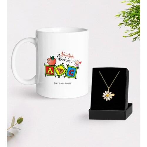 Personalized Kindergarten Teacher White Mug and Daisy Necklace Gift Seti-1
