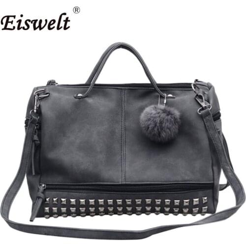 Dropshipping Vintage Nubuck Leather Ladies Handbags Rivet Larger Women Bags Hair Ball Shoulder Bag Messenger Bag TopHandle