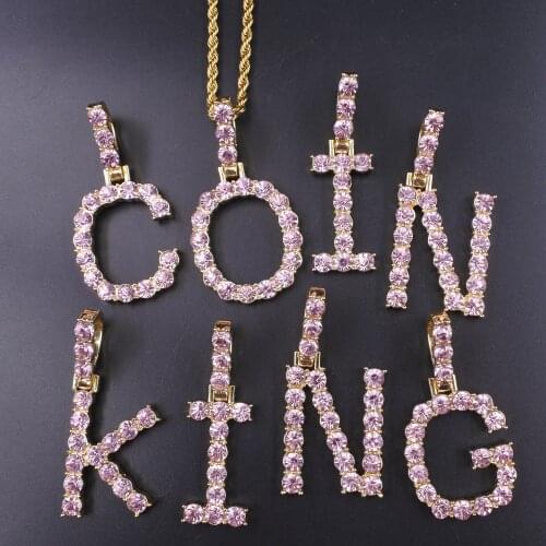 Pink color crystal stone bubble initials letters charm pendant rose gold rope chain hip hop men women necklace rap rock jewelry