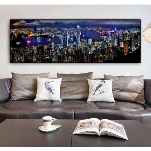 Modern Landscape Posters and Prints Wall Art Canvas Painting Hong Kong City Night View Painting for Living Room Home Decor