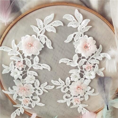 Embroidery Lace Collar Applique Pearl Beads 3D flower Patch For Wedding Clothing Decoration Boutonniere Patches