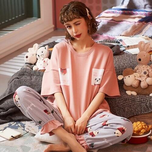 7Styles Summer Women Cotton Printing Pajamas Pijama Round Neck Sleepwear Cool Homewear Thin Soft Shorts Pajama Sets Nightwear