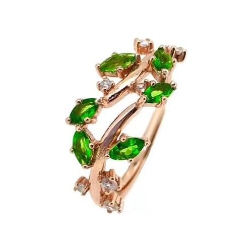 Elegance Lovely Leaf branches Natural green diopside gem Ring S925 Silver Natural Gemstone Ring girl Womens party gift Jewelry