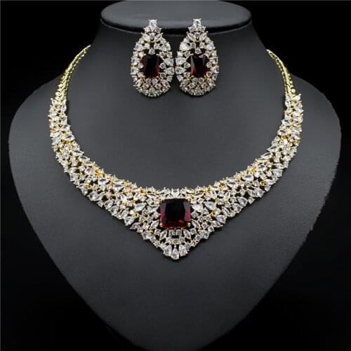 2020 Wedding Jewelry Clear CZ Crystal Necklace Earrings set for Women Wedding Red Bride Dubai Jewelry sets