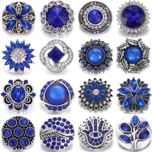 5pcs/lot New Snap Jewelry Royal Blue Rhinestone Flower Round 18mm Snap Buttons Snap Bracelet Necklace Interchangeable Jewelry